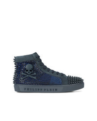 Navy Embellished Leather High Top Sneakers