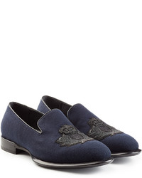 Navy Embellished Leather Loafers