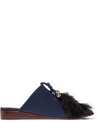 Tibi Sofie Feather Embellished Satin Slippers Navy