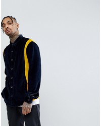 ASOS DESIGN Overshirt In Velour With Cut And Sew Panels In Navy