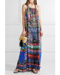 Camilla Chinese Whispers Embellished Printed Silk Georgette Maxi Dress Bright Blue