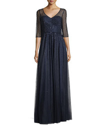 La Femme 34 Sleeve Illusion Mesh Embellished Evening Gown