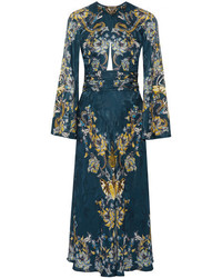 Roberto Cavalli Embellished Satin Jacquard Midi Dress Petrol