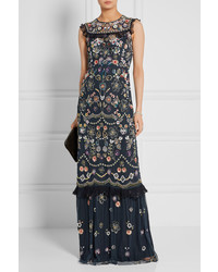 Needle & Thread Ruffle Trimmed Embellished Tulle Maxi Dress Navy