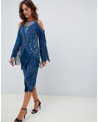 A Star Is Born Fringed Midi Dress With Embellisht In Teal