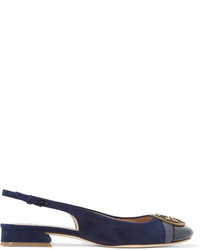 Tory Burch Chery Embellished Patent Leather And Suede Slingback Flats Navy