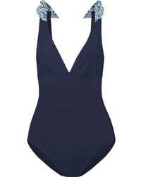 Karla Colletto Iris Bow Embellished Swimsuit Navy