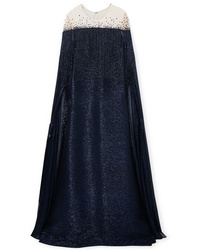 Oscar de la Renta Cape Effect Fringed Lam And Embellished Tulle Gown