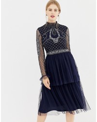 Frock and Frill Frock Frill High Neck Long Sleeve Beaded Dress With Tulle Skirt