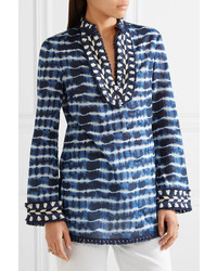 Tory Burch Tory Embellished Tie Dyed Cotton Voile Tunic Blue