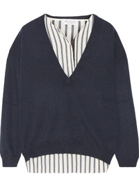 Brunello Cucinelli Layered Embellished Silk And Cashmere Sweater Navy