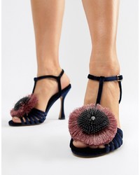 Navy Embellished Velvet Heeled Sandals