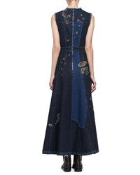 Alexander McQueen Embroidered Mixed Denim Midi Dress