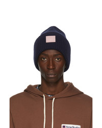 Acne Studios Navy And Pink Rib Knit Patch Beanie