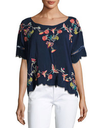 Johnny Was Alivia Embroidered Blouse Blue Night