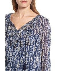Lucky Brand Embroidered Tie Neck Peasant Top
