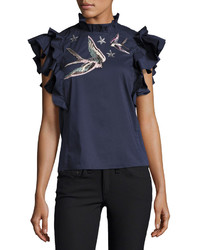 Rebecca Taylor High Neck Sateen Embroidered Poplin Blouse With Birds