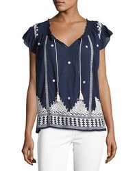 Joie Mirena Short Sleeve Embroidered Top Blue