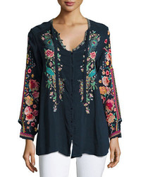 Johnny Was Peacock Embroidered Georgette Top