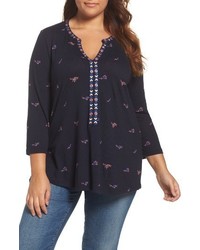 Lucky Brand Plus Size Embroidered Split Neck Top