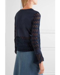 See by Chloe See By Chlo Embroidered Tulle Trimmed Stretch Jersey And Open Knit Top Navy