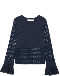 See by Chloe See By Chlo Embroidered Tulle Trimmed Stretch Jersey And Open Knit Top Navy