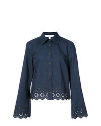 Navy Embroidered Button Down Blouse
