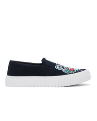 Navy Embroidered Canvas Slip-on Sneakers