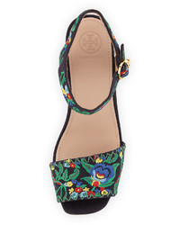 Tory Burch Sonoma Embroidered 120mm Wedge Sandal Tory Navymultigreen