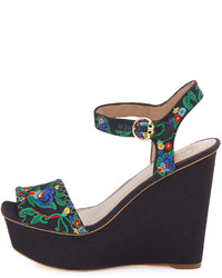 Tory Burch Sonoma Embroidered 120mm Wedge Sandal Tory Navymultigreen