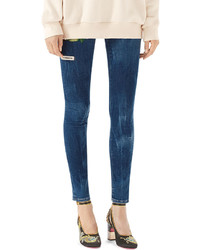 Gucci Embroidered Marbled Denim Skinny Pant