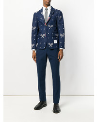Thom Browne Unconstructed Classic Single Breasted Sport Coat With Placket In Washed Denim With Distressed Tennis Half Drop Embroidery