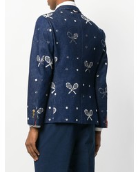 Thom Browne Unconstructed Classic Single Breasted Sport Coat With Placket In Washed Denim With Distressed Tennis Half Drop Embroidery