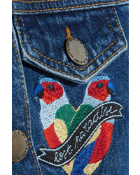 Maje Cropped Embroidered Denim Jacket Mid Denim