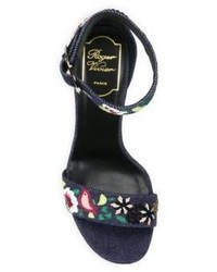 Roger Vivier Podium Raffia Flower Embroidered Denim Sandals