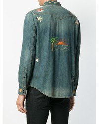 Saint Laurent Embroidered Denim Fitted Shirt