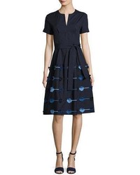 Lela Rose Belted A Line Dress With Embroidered Skirt Navy