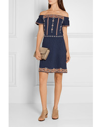 Tory Burch Nell Off The Shoulder Embroidered Cotton Mini Dress Navy
