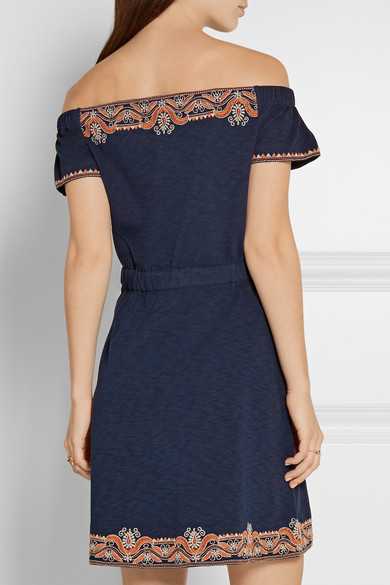 Tory Burch Nell Off The Shoulder Embroidered Cotton Mini Dress Navy, $350 |   | Lookastic