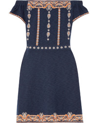 Tory Burch Nell Off The Shoulder Embroidered Cotton Mini Dress Navy