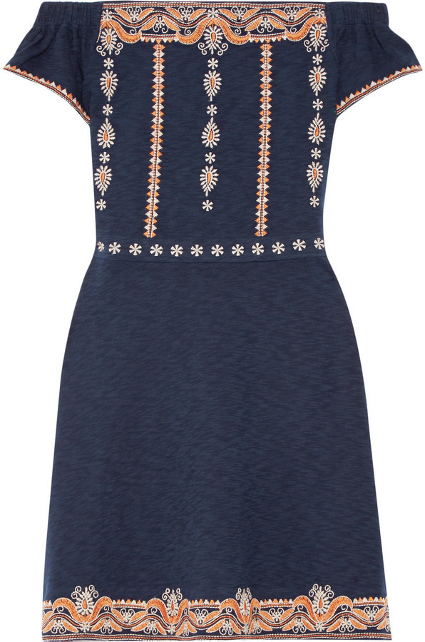 Tory Burch Nell Off The Shoulder Embroidered Cotton Mini Dress Navy, $350 |   | Lookastic