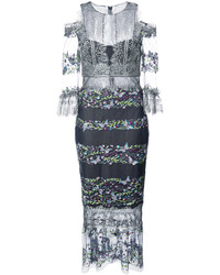 Marchesa Notte Cold Shoulder Embroidered Lace Dress