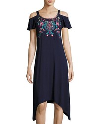 Neiman Marcus Scoop Neck Cold Shoulder Embroidered Dress