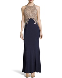 XSCAPE High Neck Embroidered Bodice Evening Dress