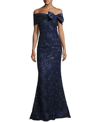 Rickie Freeman For Teri Jon Off The Shoulder Embroidered Mermaid Gown Navy