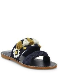 Navy Embroidered Flat Sandals