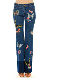 Valentino Mid Rise Butterfly Embroidered Jeans Blue