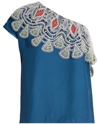 Peter Pilotto One Shoulder Embroidered Lace Crepe Top