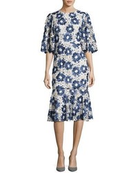 Co Embroidered Floral Lace Flared Sleeve Flounce Dress Blue