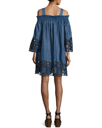 Embroidered Off The Shoulder Chambray Dress Medium Blue